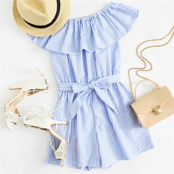 Striped White and Blue Romper Off the Shoulder - Picture 1 of 4